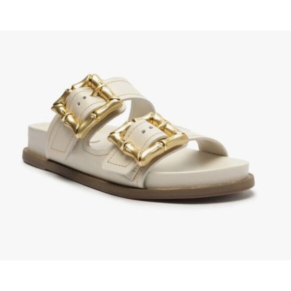 SCHUTZ ENOLA PEARL SPORTY SANDAL White Leather Gold Buckles Size 6.5 - Picture 1 of 5